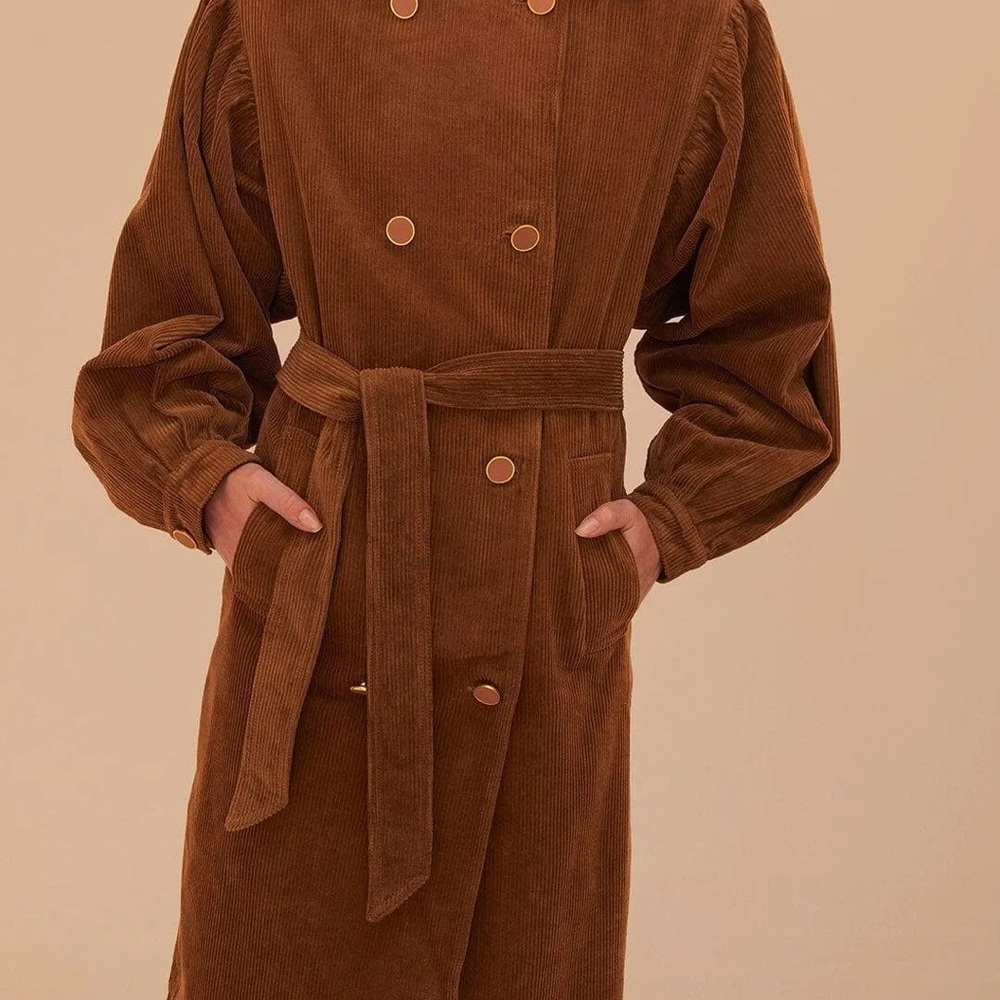 FARM Rio Brown Corduroy Double-Breasted Trench Coat - Picture 4 of 4